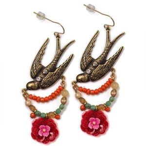 Jill Schwartz Soar Dangle Earrings Bird & Flower Design in Resin & Crystal
